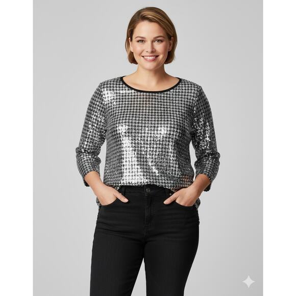 Chico's Houndstooth full Sequin Tunic Black/Gray Glam, wedding, event Sz 2 /L - Picture 1 of 9